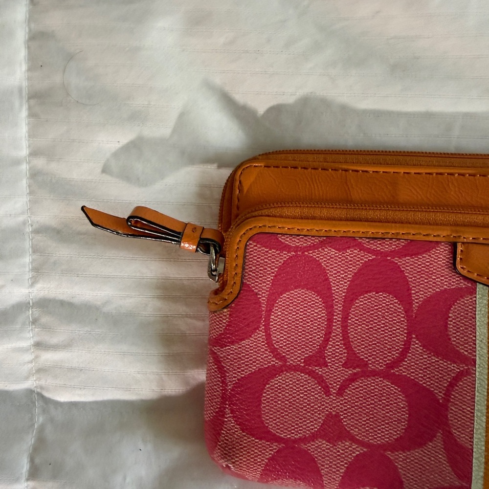 Coach Signature Stripe Double Zip Wristlet | Orange and Pink - Picture 3 of 15